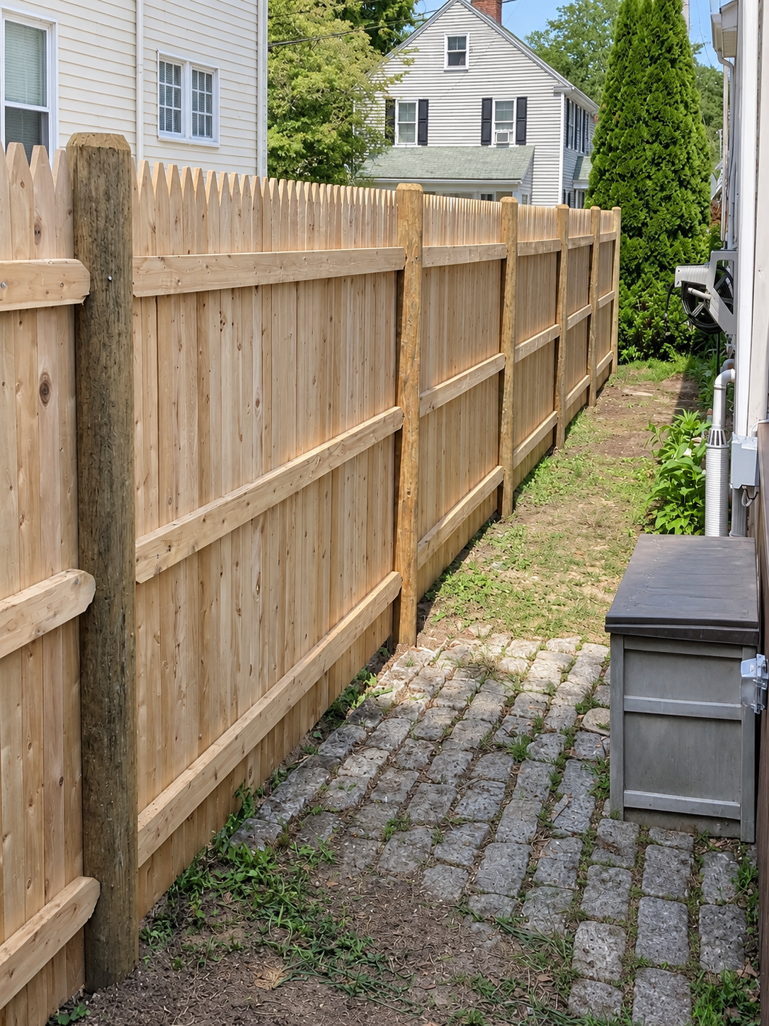 Natural wood picket fence between two homes